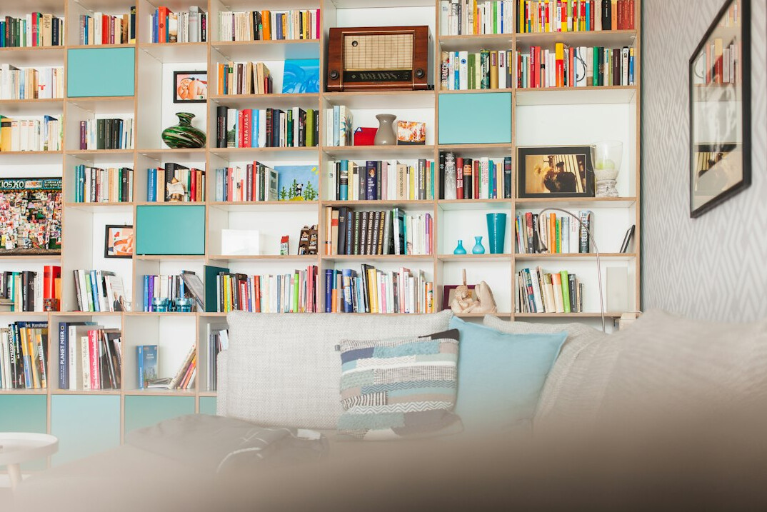 Bookshelf filled with technology and programming books in a bright office
